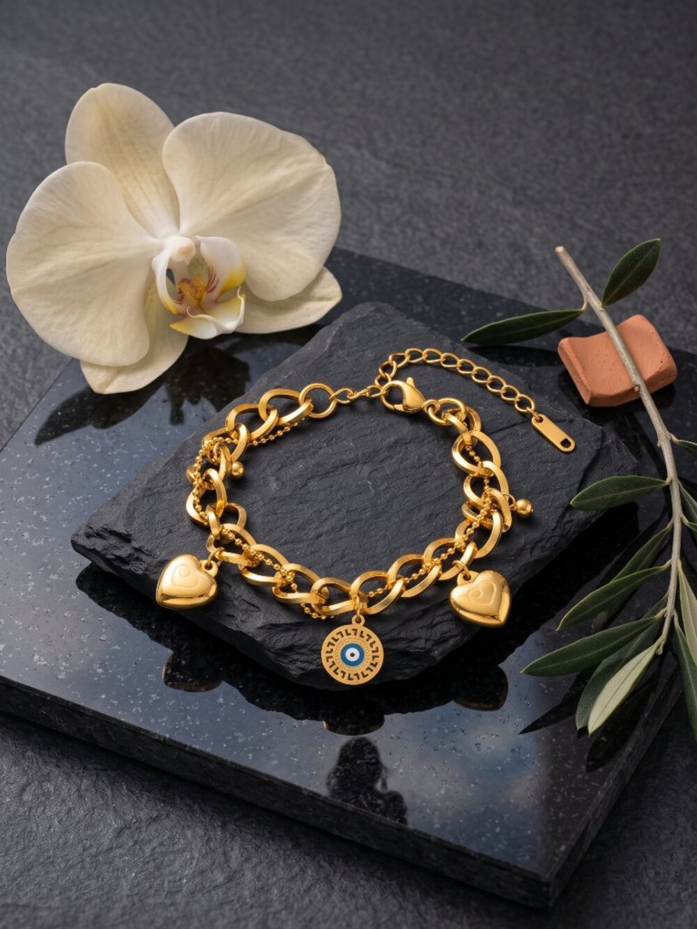 Double Chain 18K Gold Plated Heart Evil Eye Charm Bracelet Chunky Adj 6-8.5"
